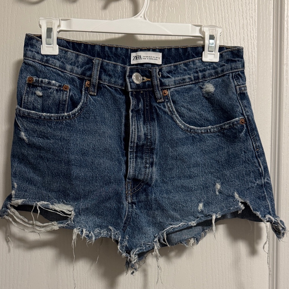 Zara Women's Ripped Dark Blue Jean Shorts